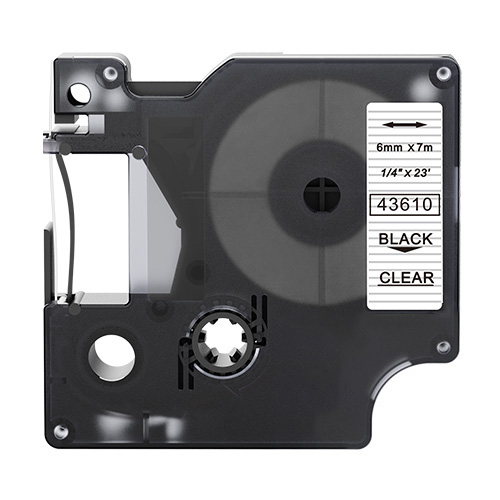 Dymo 43610 združljiv trak za nalepke, črno na prozornem, 6mm x 7m