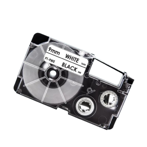 Casio XR-9WE združljiv trak za nalepke, črno na belem, 9mm x 8m